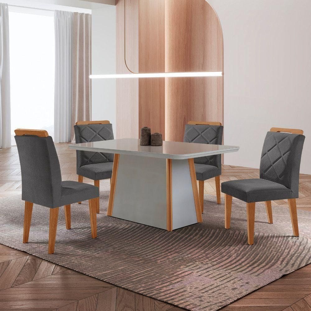 Mesa De Jantar Diane E 4 Cadeiras Melissa Moderna Mo... Veludo Grafite/off /nat/serig. Off Com Vidro