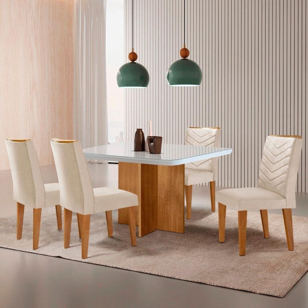 Sala De Jantar Mesa 90cm Olímpia Cadeira Liz Mo... Veludo Creme /off / /serig Off Com Vidro