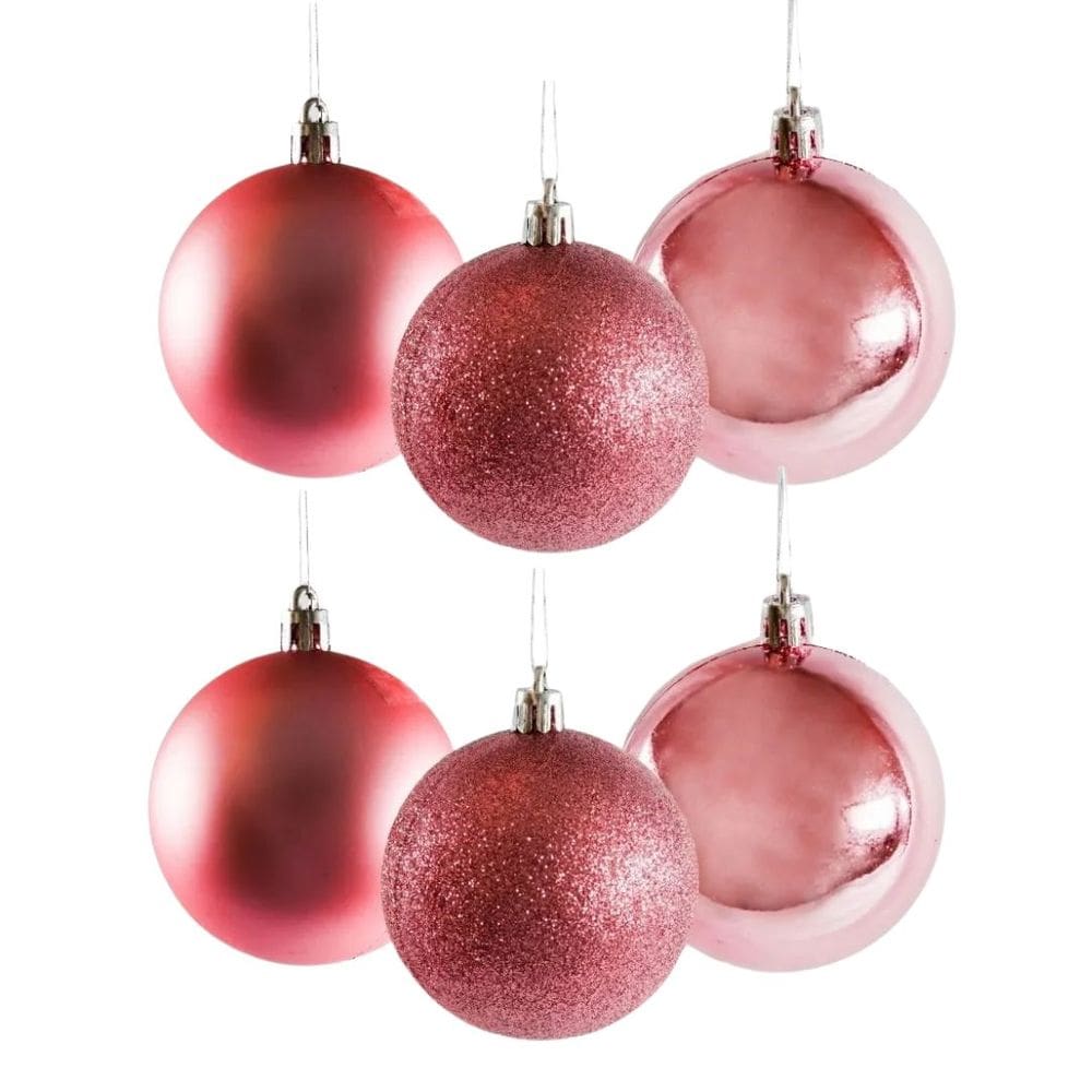 Conjunto 6 Bolas de Natal Grande Rosê Prime Texturas Mistas 10cm Glitter, Brilho e Fosca