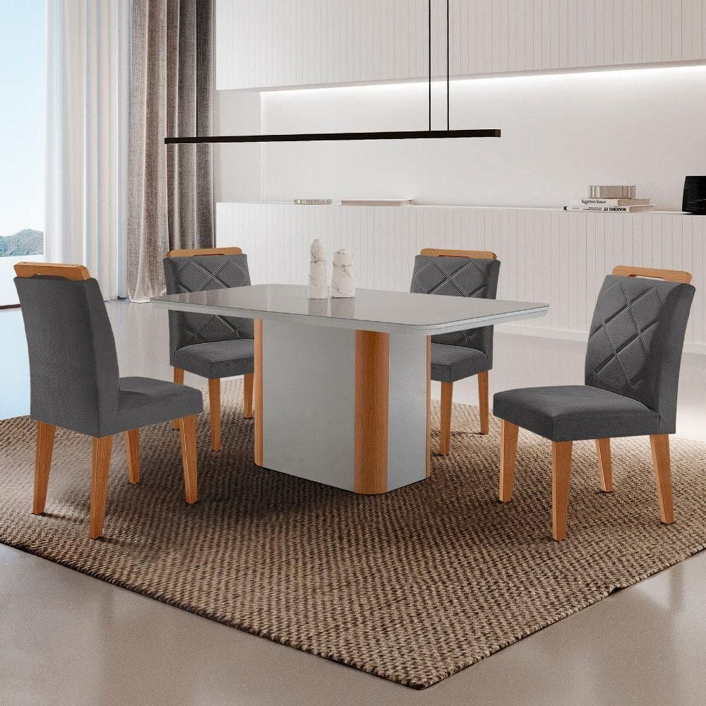 Mesa De Jantar Isadora Com 4 Cadeiras Moderna Mobilia Veludo Grafite/off /nat/serig. Off Com Vidro
