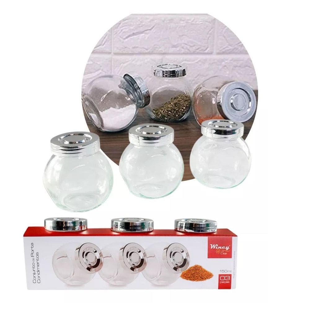 Kit 3 Porta Condimentos Em Vidro Tampa Cromada Com 150Ml