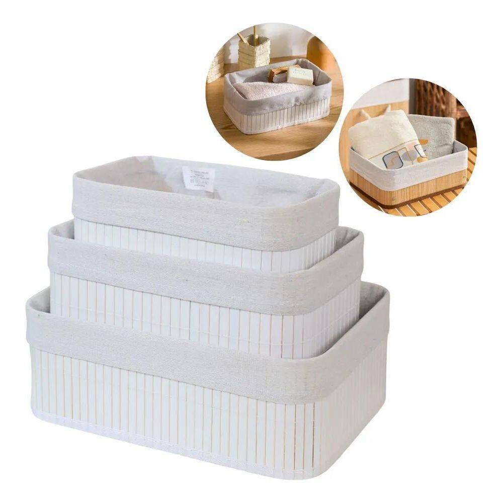 Kit 3 Cestos Organizadores De Bambu Multiuso Com Forro Cor B