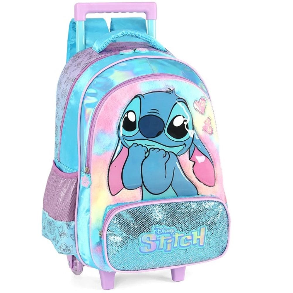 Mochila Escolar de Rodinhas Infantil STITCH Peluciada Disney Azul