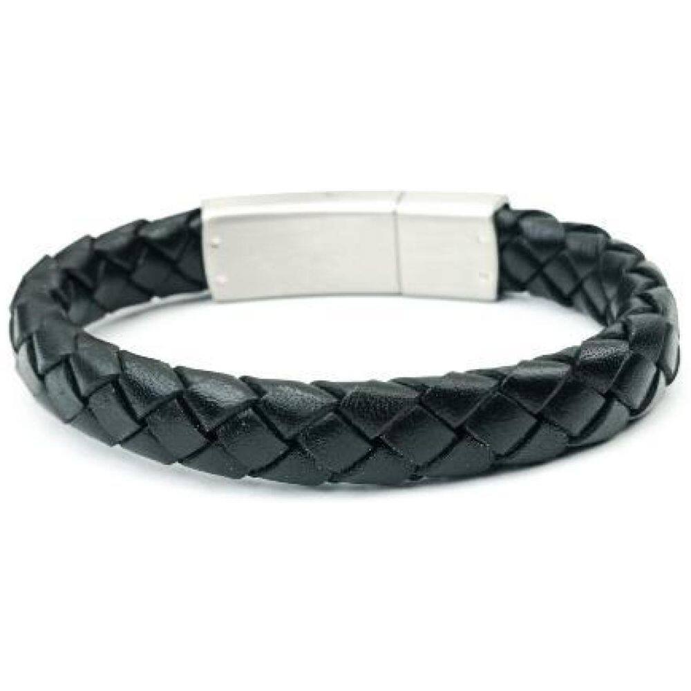 Bracelete 20Cm Couro Preto Fecho Steel Click 10Mm