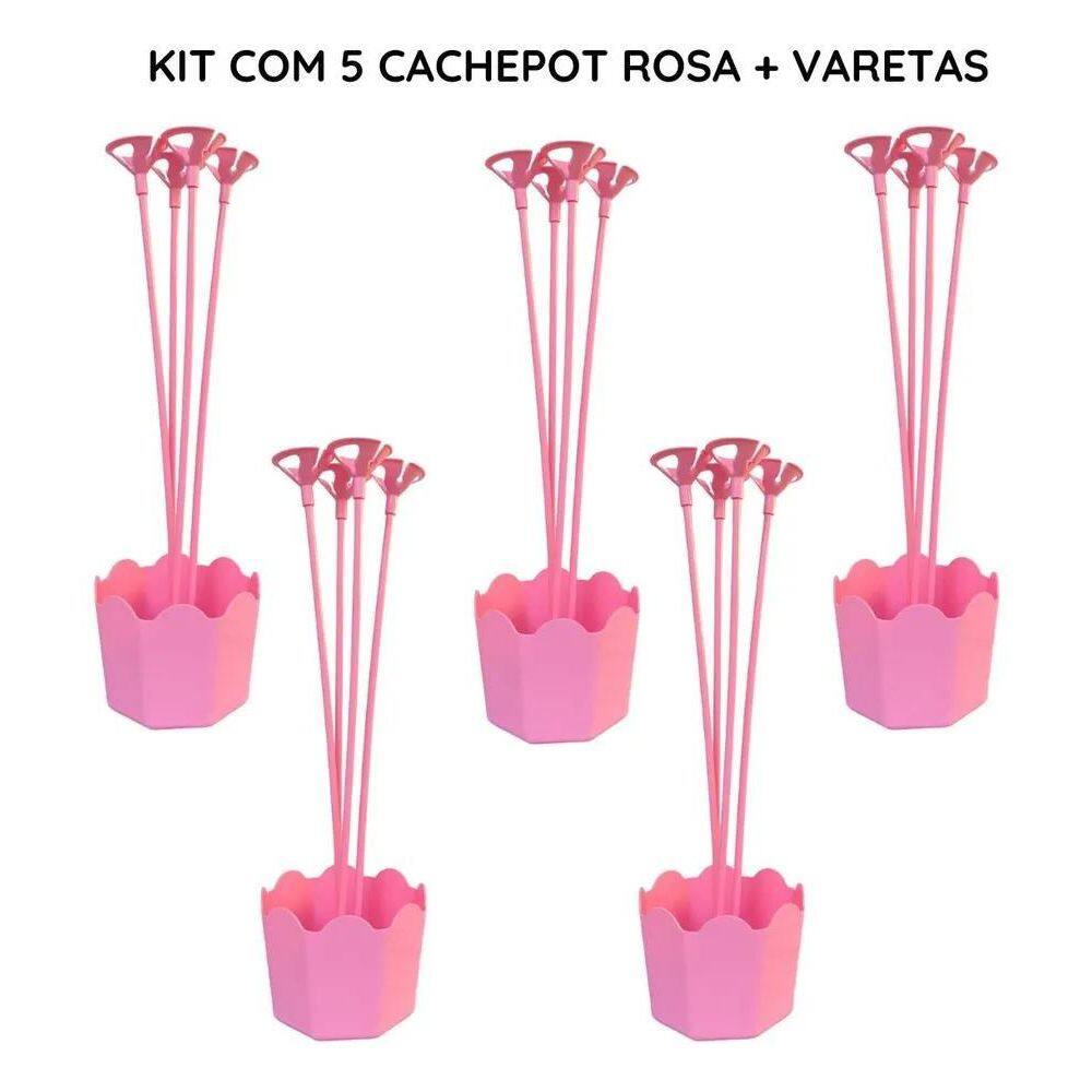 Centro De Mesa Aniversário Cachepot Suporte Balão Kit C Rosa