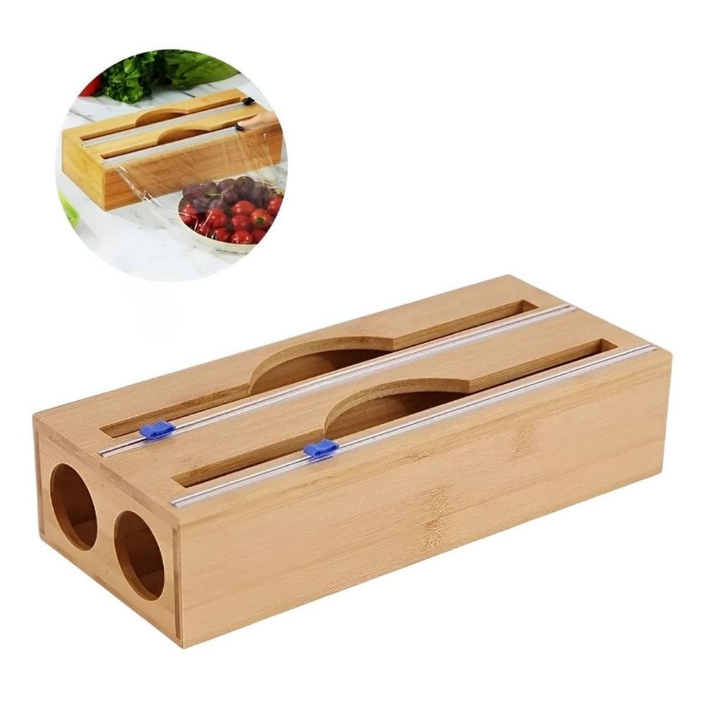 Dispenser Papel Toalha E Filme Pvc Com Cortador Duplo Bambu