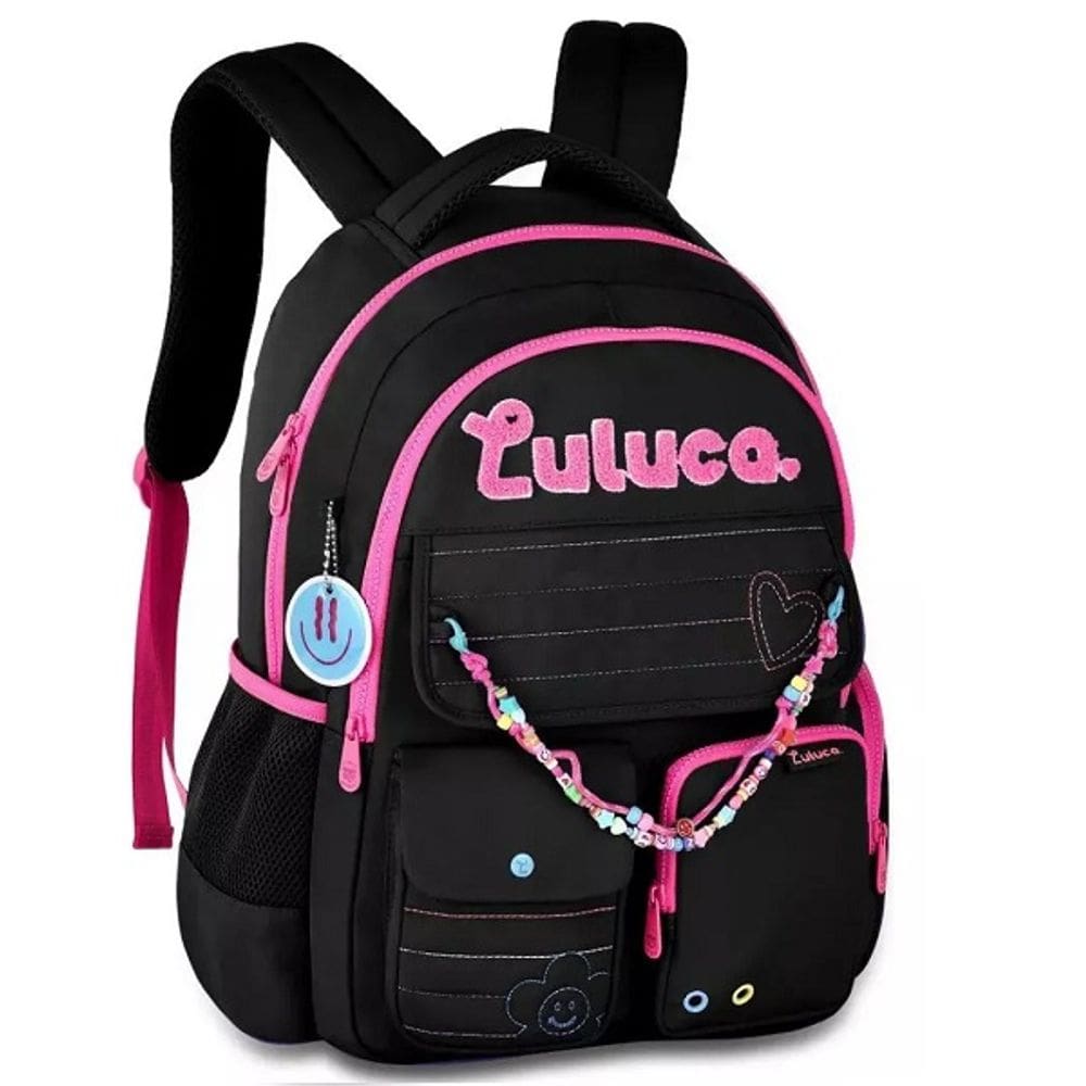 Mochila Escolar de Costas Luluca Miçangas Juvenil LU24611 Preto