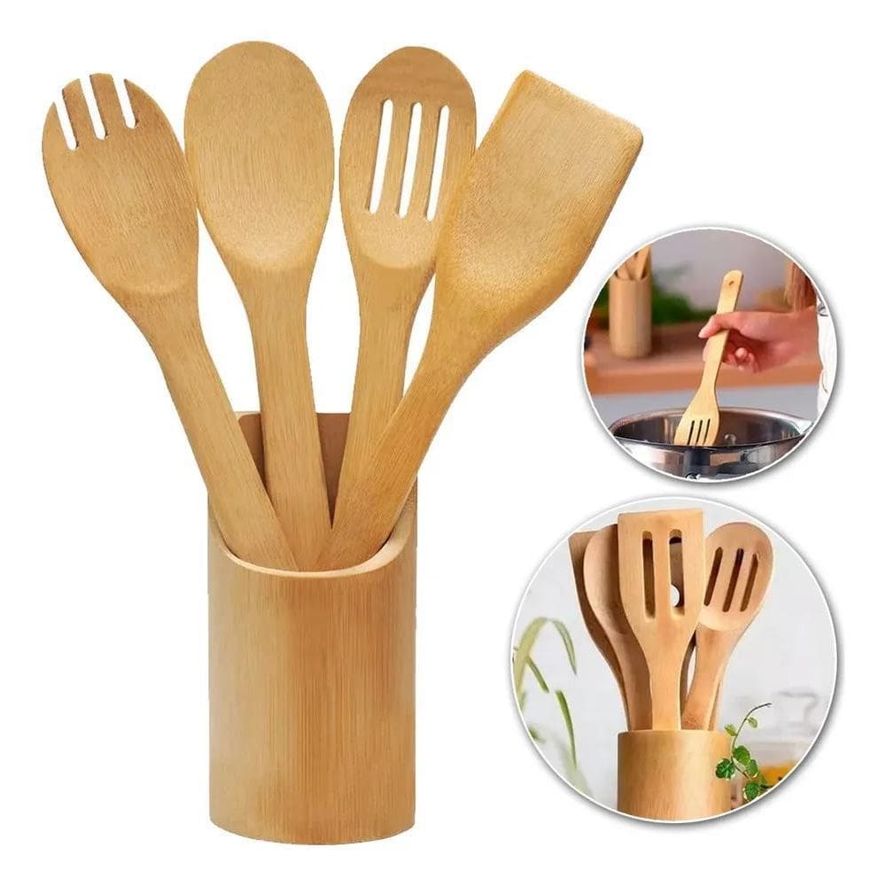 10X Conjunto Talheres Bambu 5 Peças Pau Colher Garfo Espátu