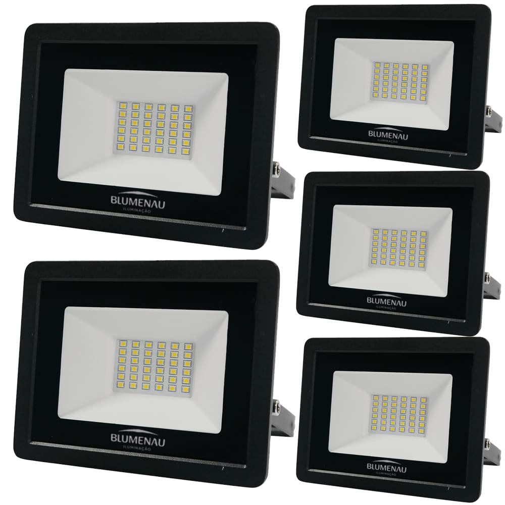 Kit 5 Refletor de Led Slim 30W Prova Dágua Preto Bivolt 6500K Frio