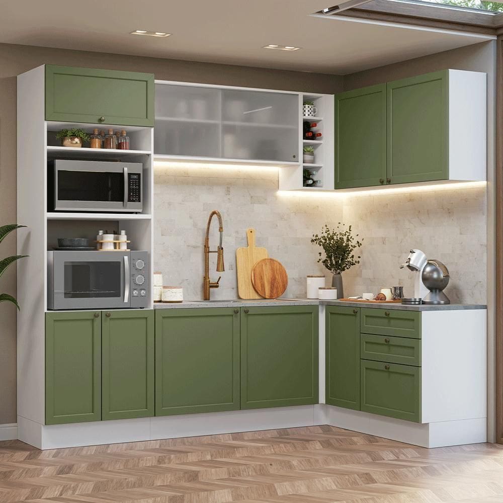 Armário De Cozinha Completa De Canto 399 Cm Branco-verde Vik Madesa 01 Branco-verde