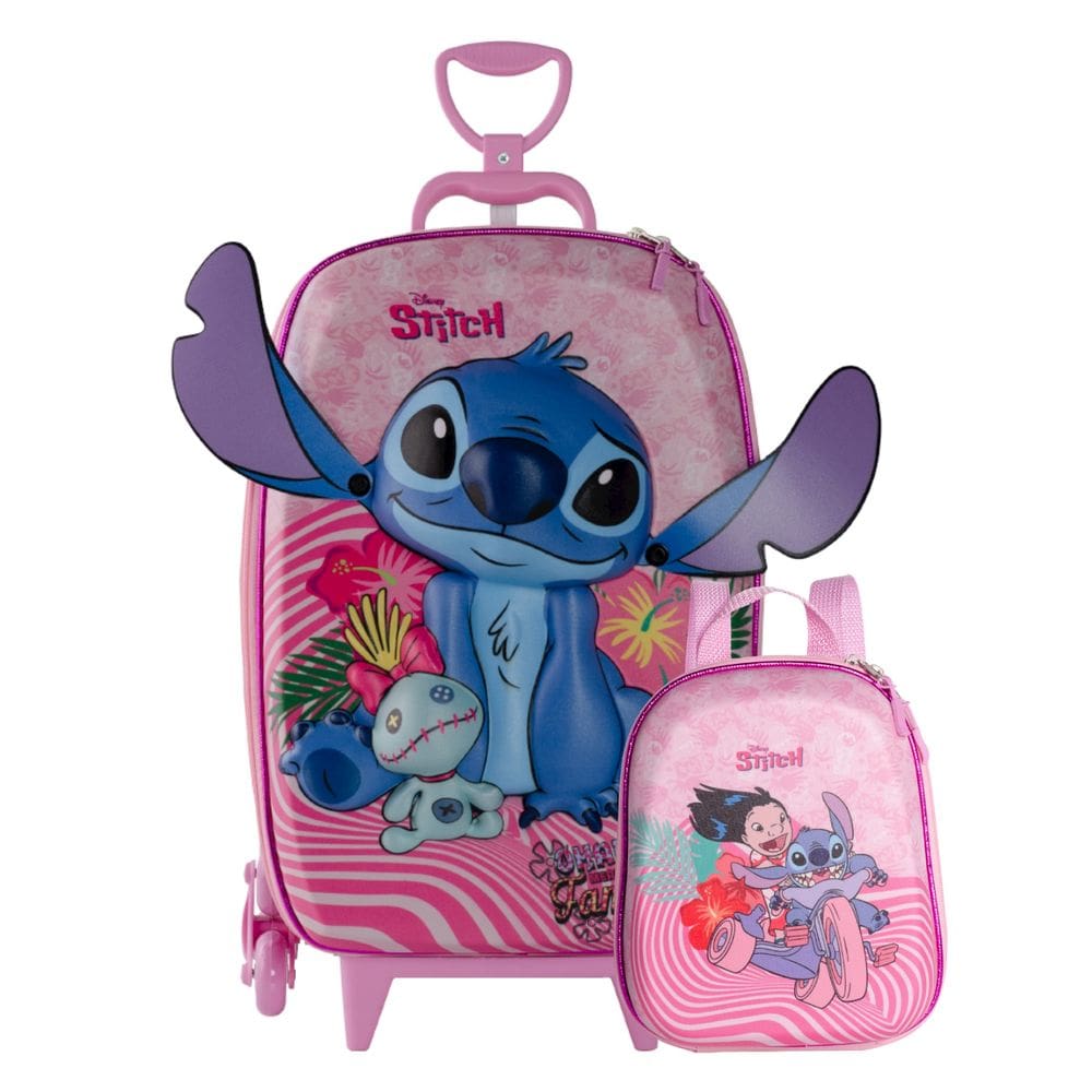 Kit Mochila Rodas Stitch Rosa 3D Infantil Lancheira Escolar