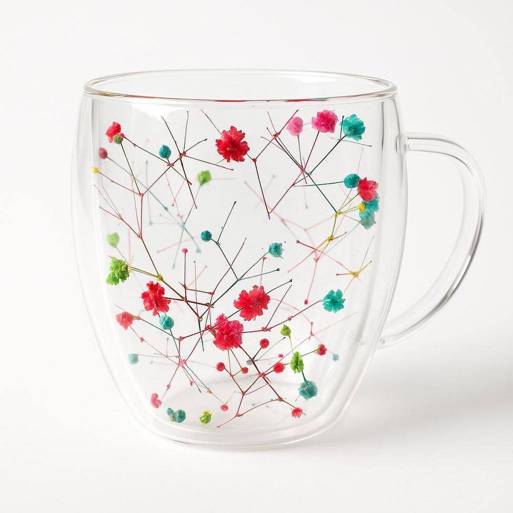 Caneca Xícara 350Ml Chá Café Parede Dupla Vidro Flores