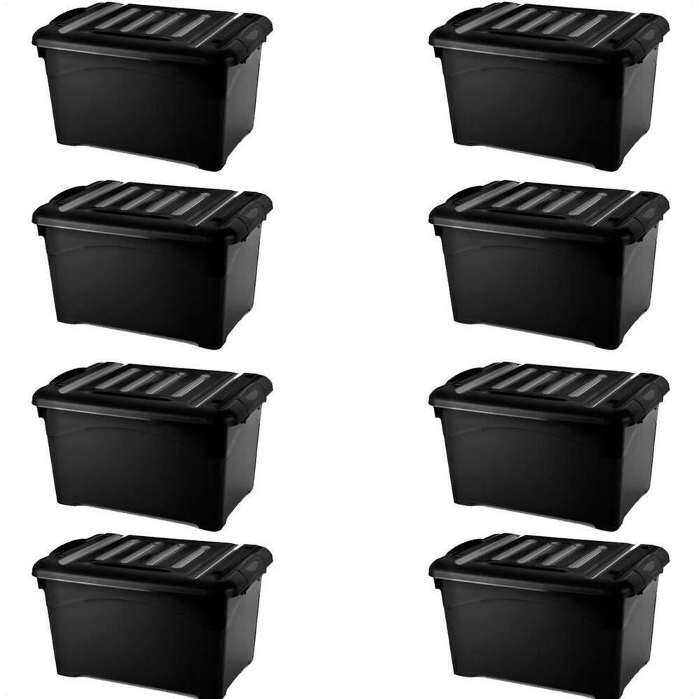 8 Caixas Organizadoras 25 Litros Preta Com Travas E Rodinhas