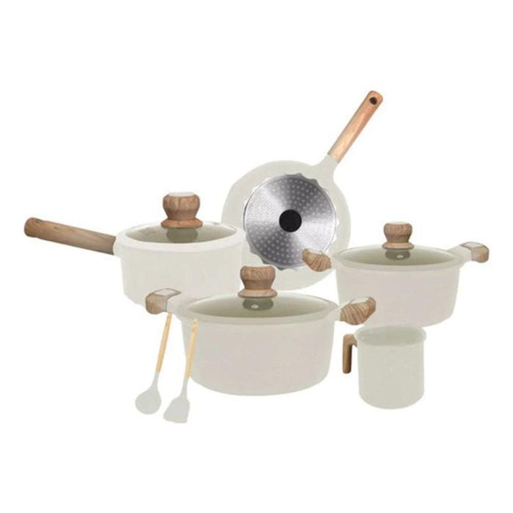 Jogo 5 Panelas Indução Gás Revestido Cerâmica Off White