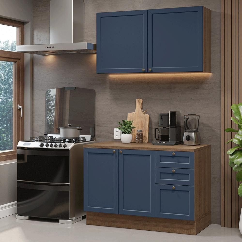 Armário De Cozinha Compacta 120 Cm Rustic-azul Vik Madesa 01 Rustic-azul