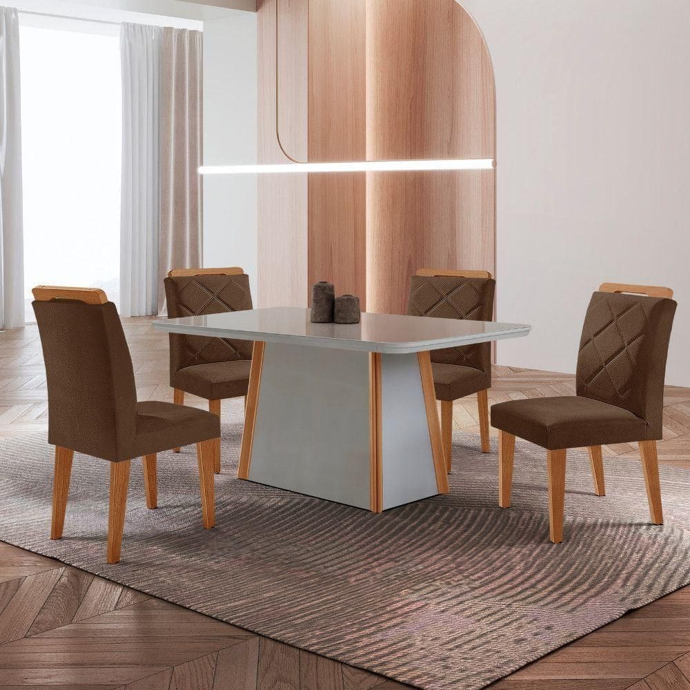 Mesa De Jantar Diane E 4 Cadeiras Melissa Moderna Mobilia Veludo Marrom/off/nat/serig Off Com Vidro