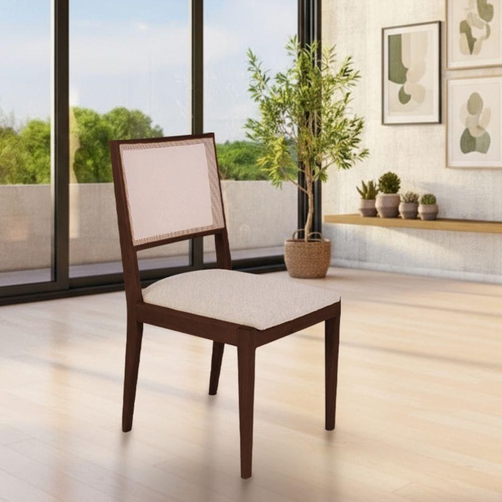 Cadeira De Jantar Estofada Suellen Castanho Linho Bege