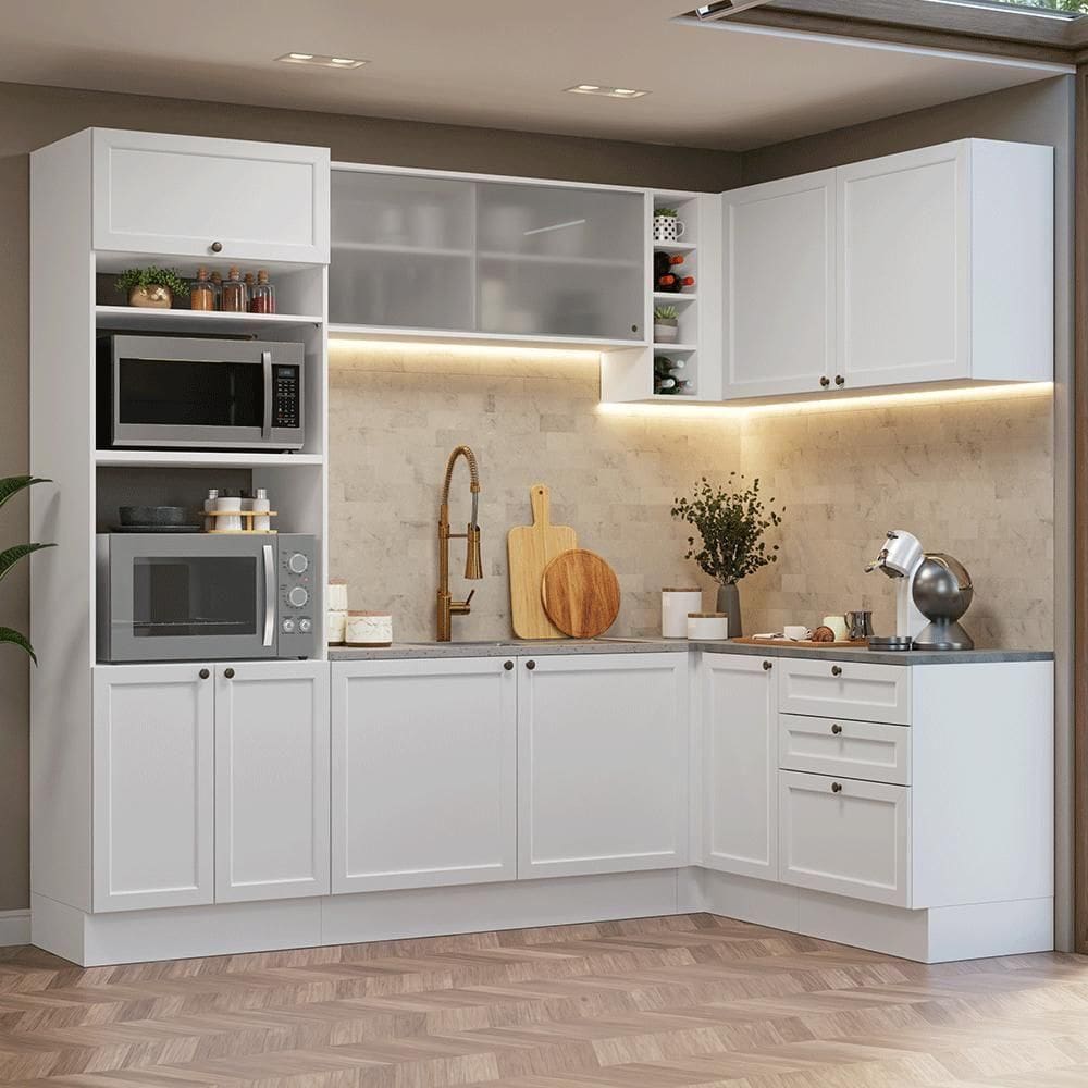 Armário De Cozinha Completa De Canto 399 Cm Branco Vik Madesa 01 Branco