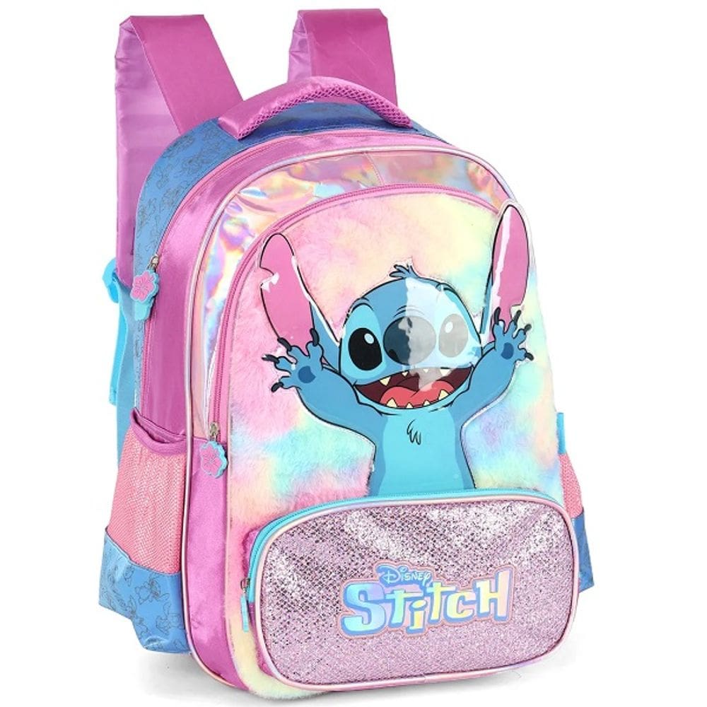 Mochila Escolar de Costas Infantil STITCH Peluciada Disney Roxo