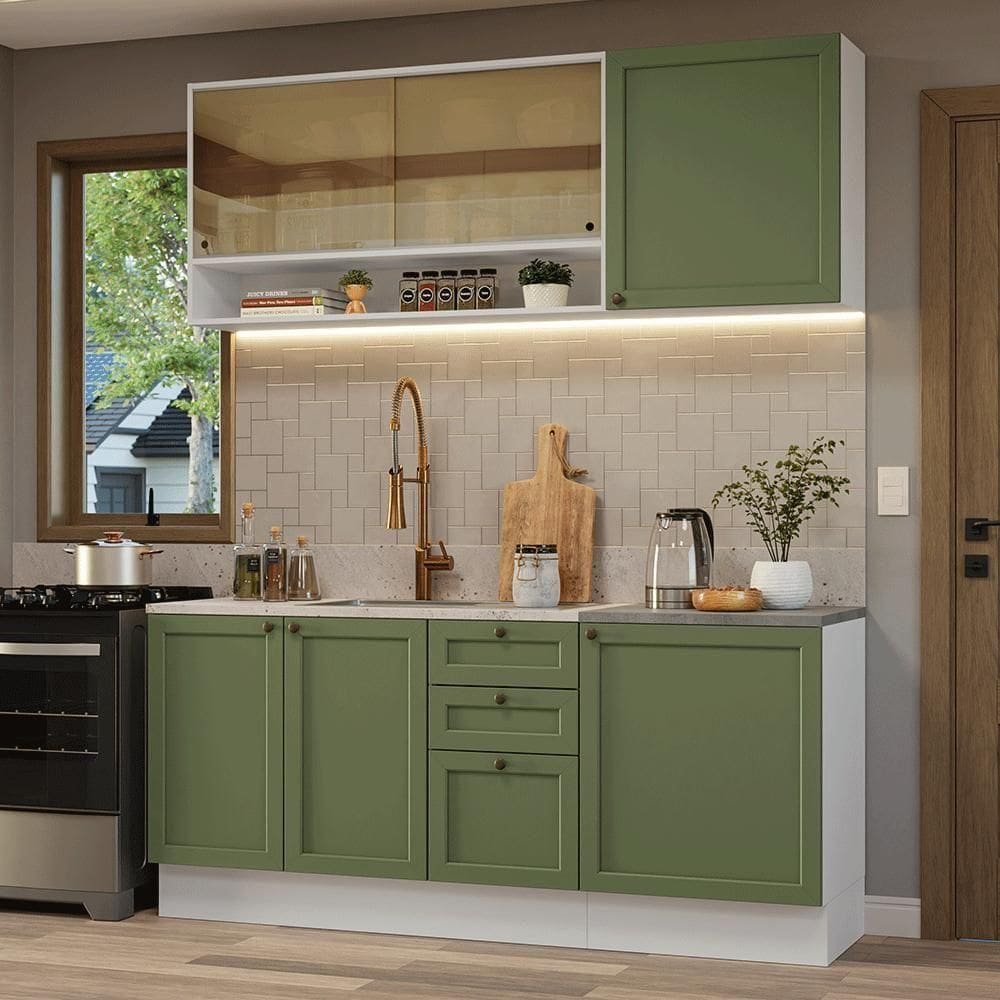 Armário De Cozinha Compacta 180 Cm Branco-verde Vik Madesa 04 Branco-verde