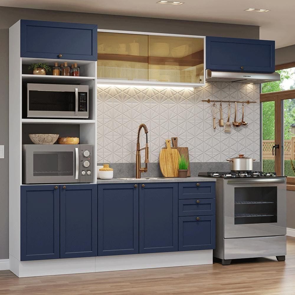 Armário De Cozinha Completa 270 Cm Branco-azul Vik Madesa 04 Branco-azul