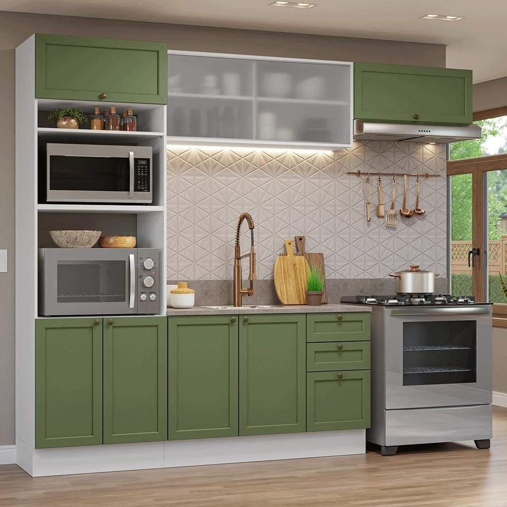 Armário De Cozinha Completa 270 Cm Branco-verde Vik Madesa 03 Branco-verde