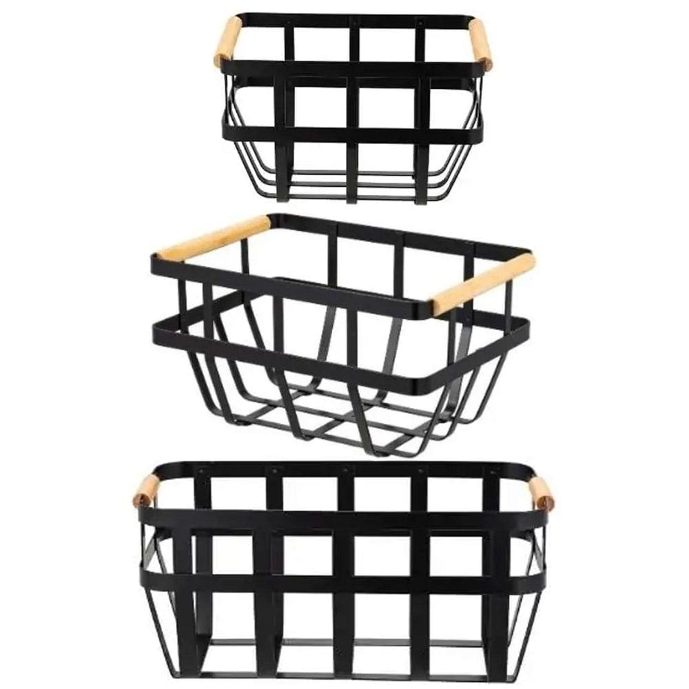 Kit 3 Cesto De Metal Com Alca De Bambu Frutas Multiuso Preto