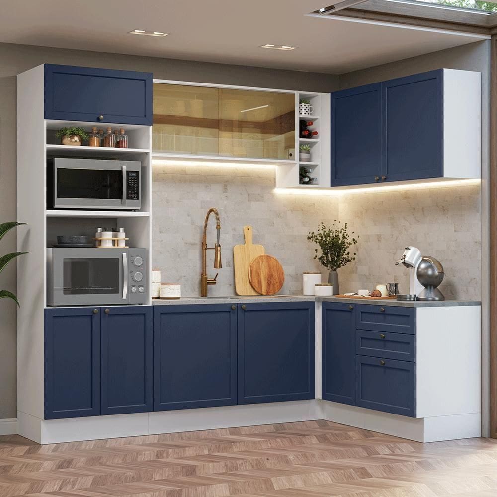 Armário De Cozinha Completa De Canto 399 Cm Branco-azul Vik Madesa 02 Branco-azul