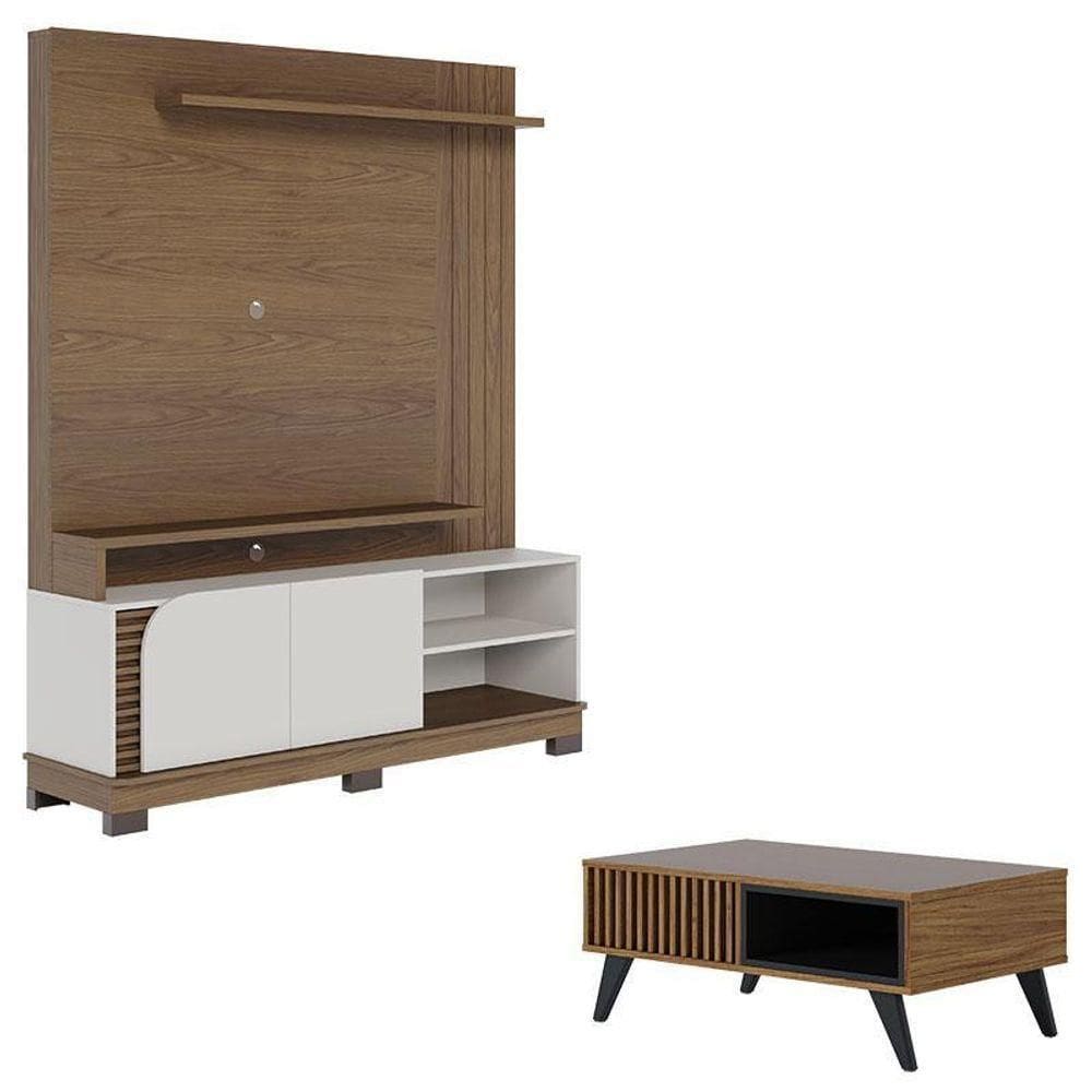 Estante Home Theater Jurerê 1.5 Amendôa Off White Matte Com Mesa De Centro Jeri Noce Milano Preto Acetinado - Colibri