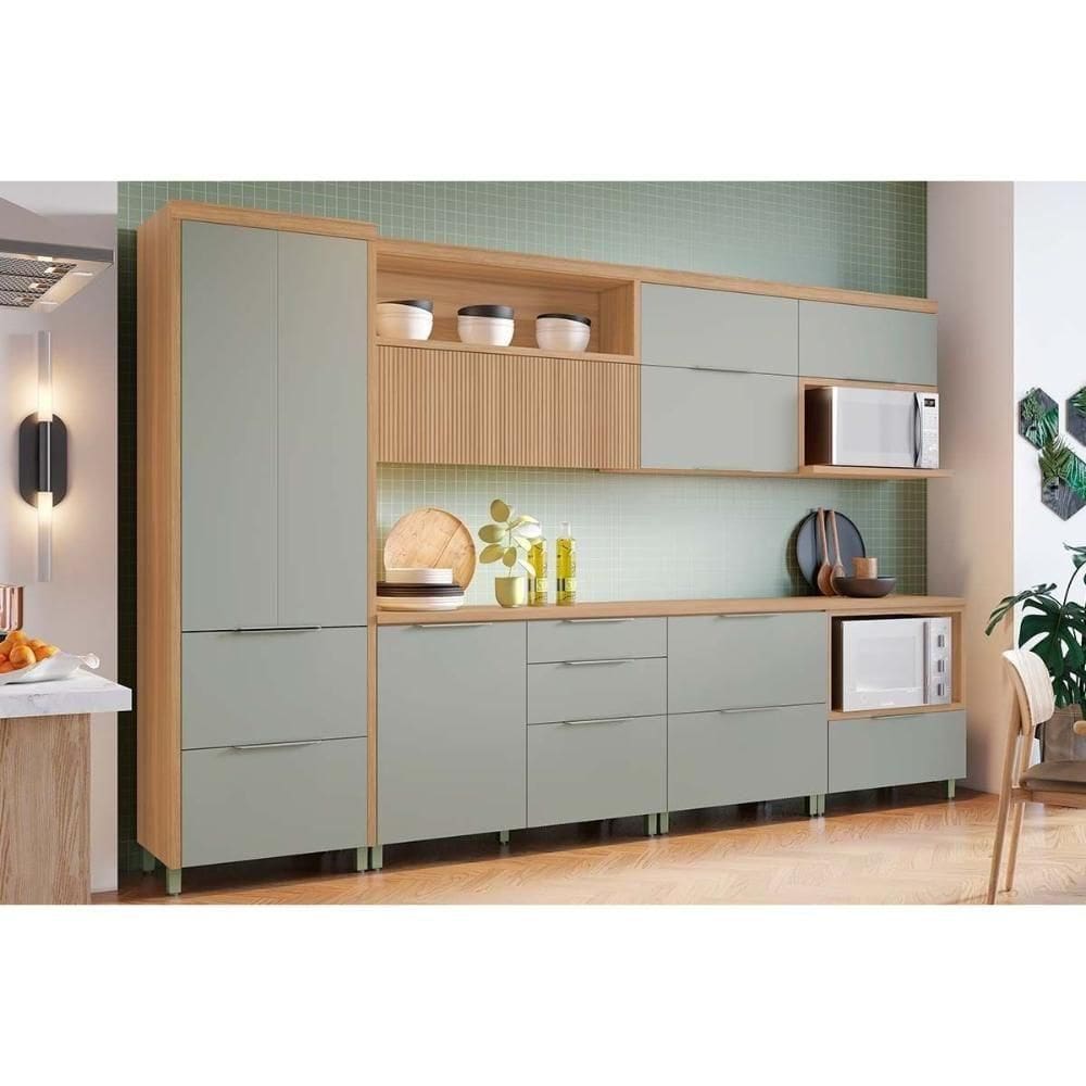 Cozinha Modulada Nesher Marquesa 7 Peças (3aéreos+3balcões+1paneleiro) C6p87 Nature-verde-nesher