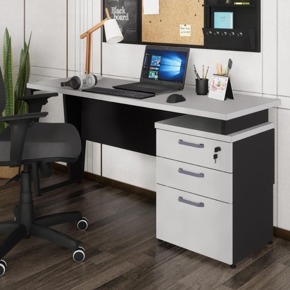 Escrivaninha Mesa Escritório 150cm 3 Gavetas Multimóveis Cr25322 Cinza Preto