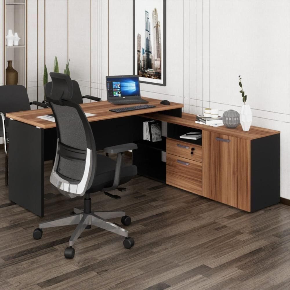 Escrivaninha Com Balcão Lateral 170cm 1 Porta 2 Gavetas Multimóveis Cr25308 Sevilha Preto