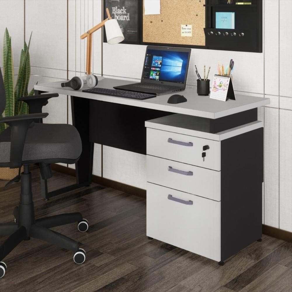 Escrivaninha Mesa Escritório 135cm 3 Gavetas Multimóveis Cr25321 Cinza Preto