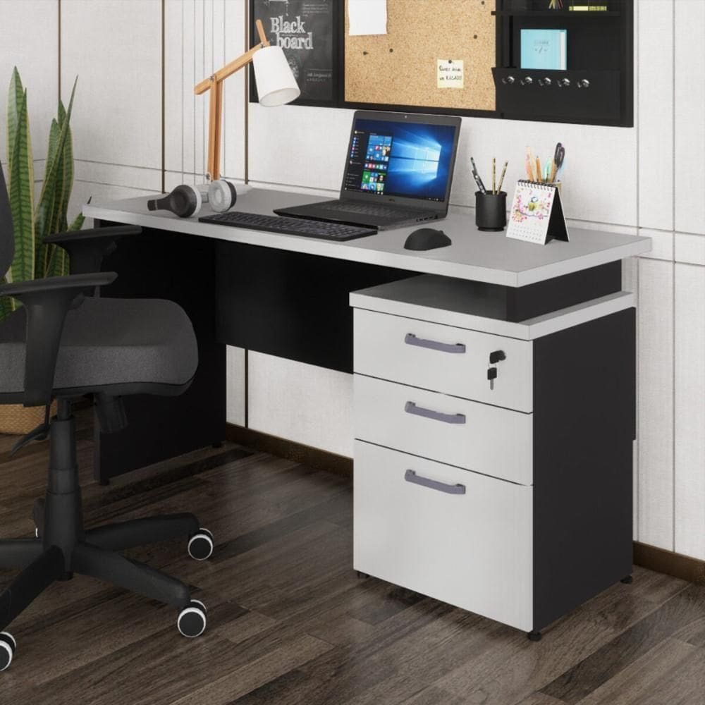 Escrivaninha Mesa Escritório 135cm 3 Gavetas Multimóveis Cr25313 Cinza Preto