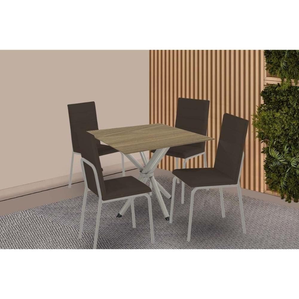 Conjunto: Mesa De Cozinha Volga C- Tampo De Madeira 90cm E 4 Cadeiras Amsterdã Niquel - Courano Marrom - Kappesberg