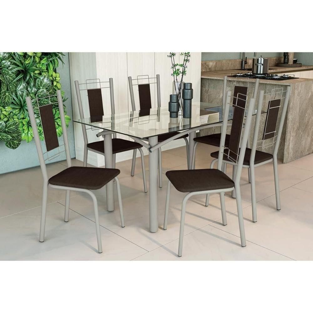 Conjunto: Mesa De Cozinha Elba C- Tampo De Vidro 150cm E 6 Cadeiras Florença Niquel - Courano Marrom - Kappesberg