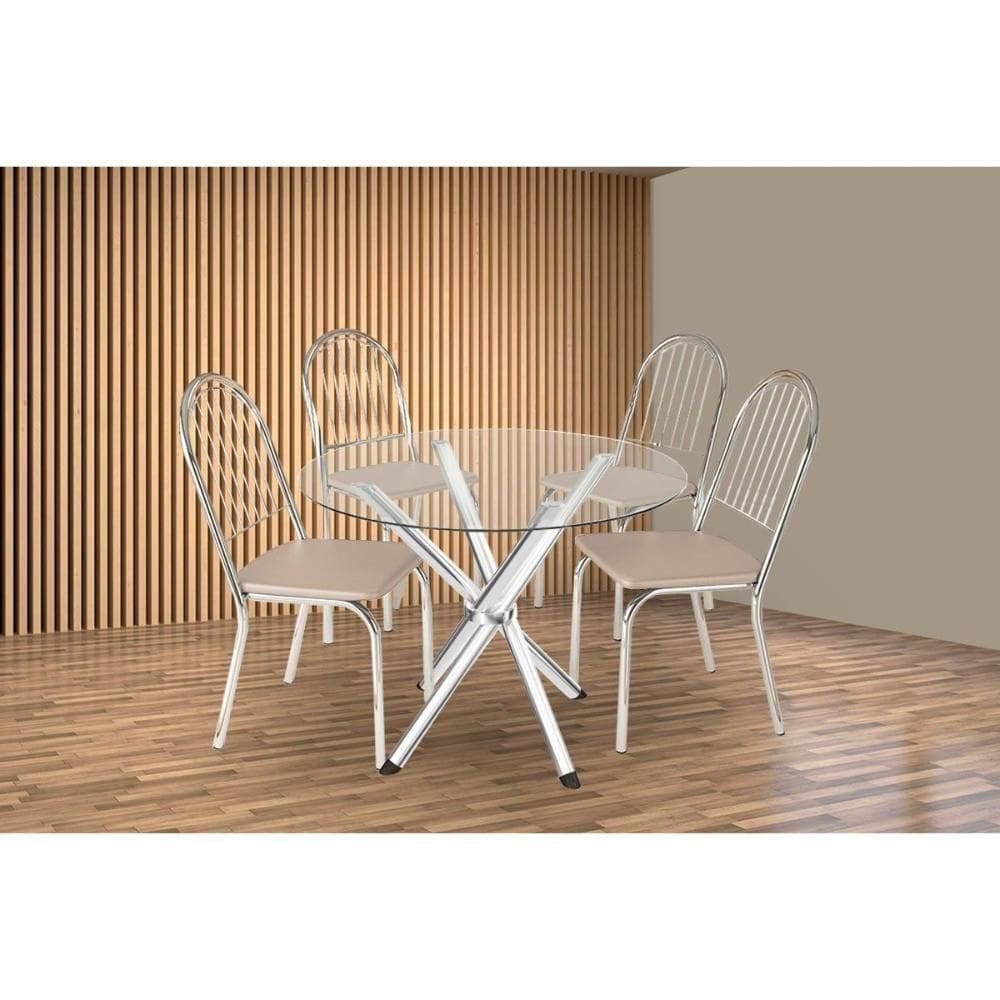 Conjunto: Mesa Sala Jantar Volga C- Tampo De Vidro 95cm E 4 Cadeiras Noruega Cromada - Courano Bege - Kappesberg