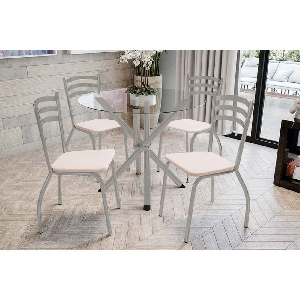 Conjunto: Mesa De Cozinha Volga C- Tampo De Vidro 95cm E 4 Cadeiras Portugal Niquel - Courano Bege - Kappesberg