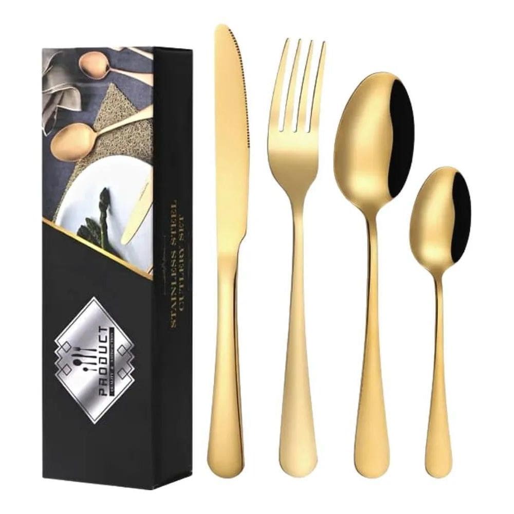 Kit Jogo Talheres Dourado Gourmet 24 Peças Inox Luxo Jantar