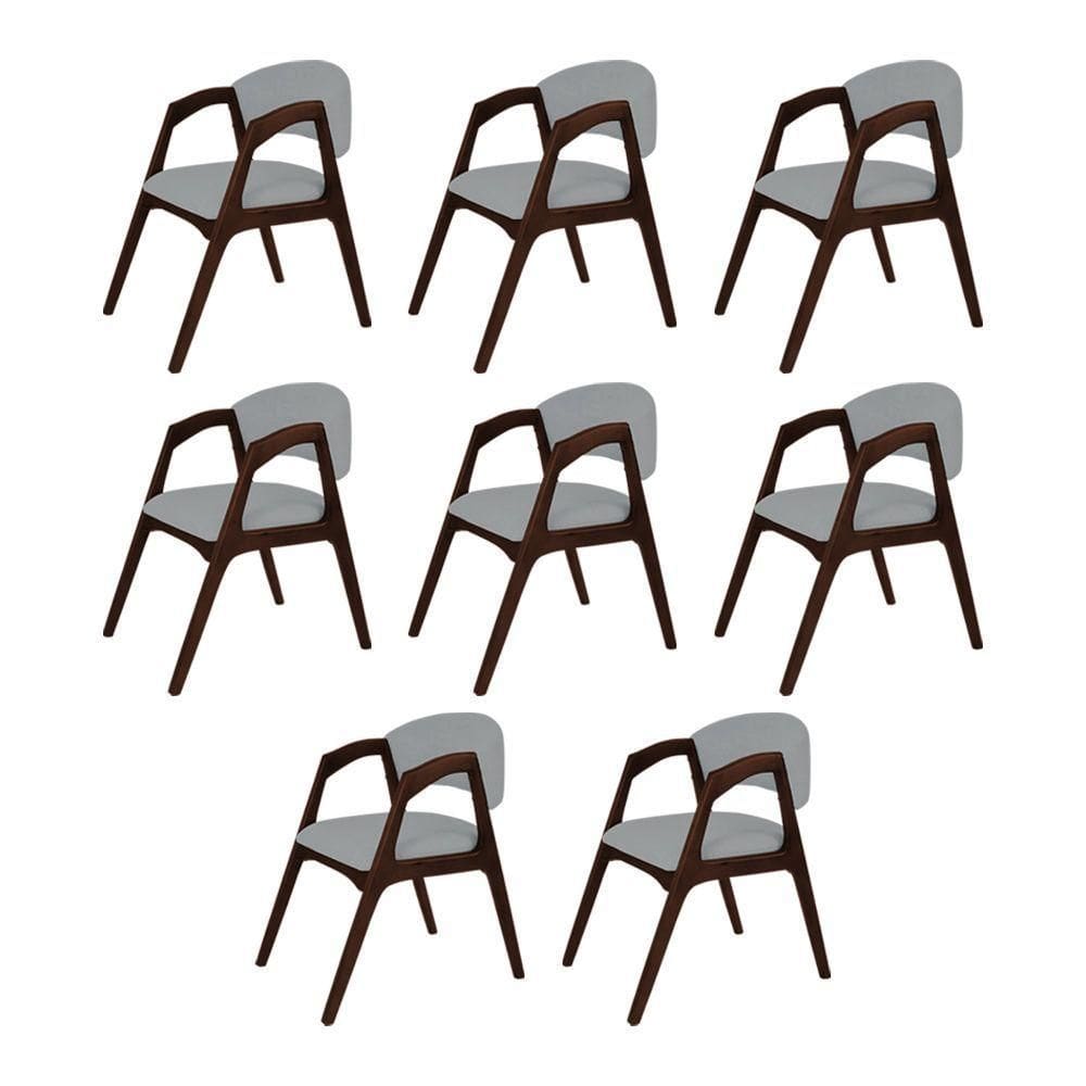 Conjunto Com 8 Cadeiras De Jantar Estofada Gabriela Em Madeira E Mdf Castanho Linho Cinza