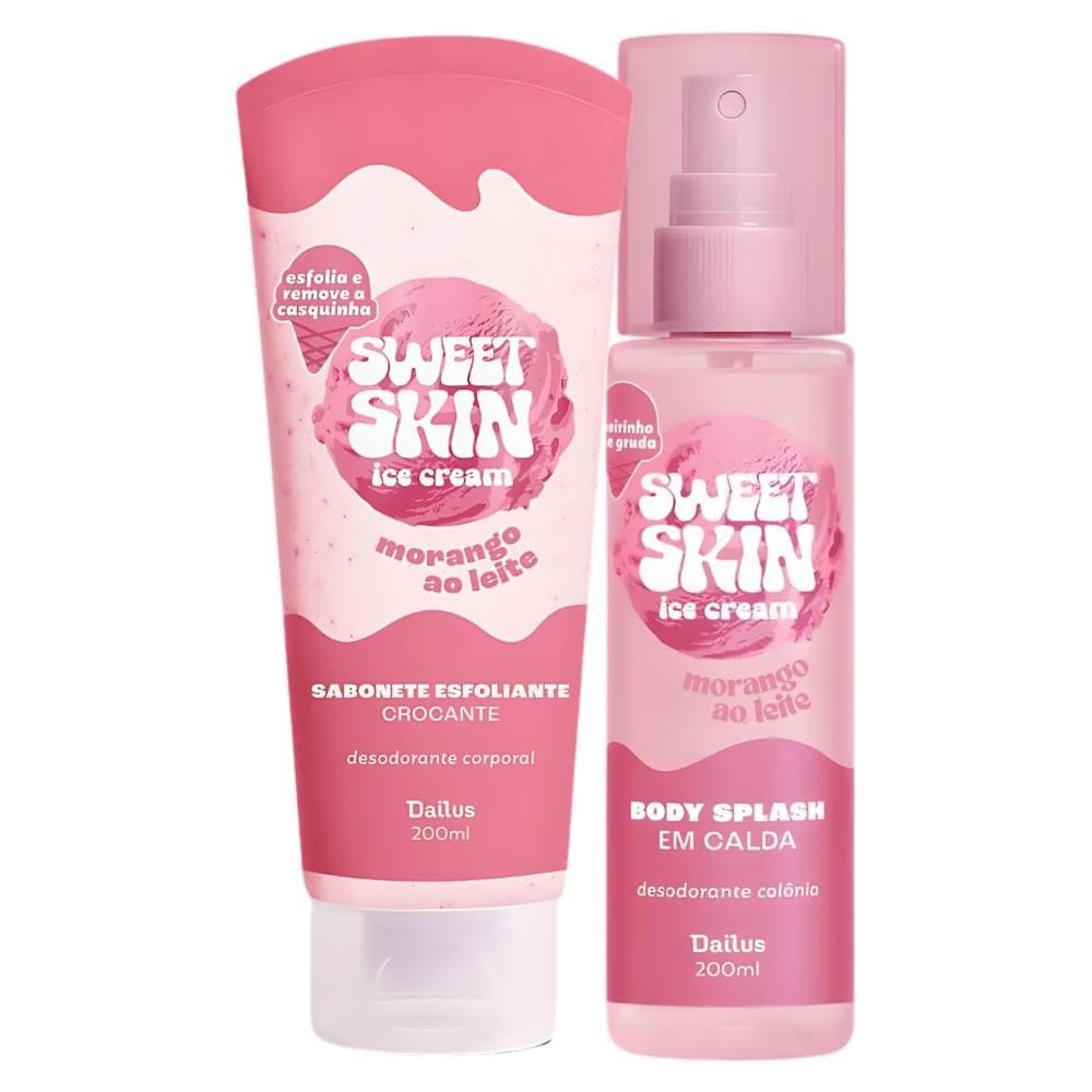 Kit Dailus Sweet Skin Ice Cream Morango Ao Leite: Sabonete Esfoliante Corporal e Body Splash 200ml