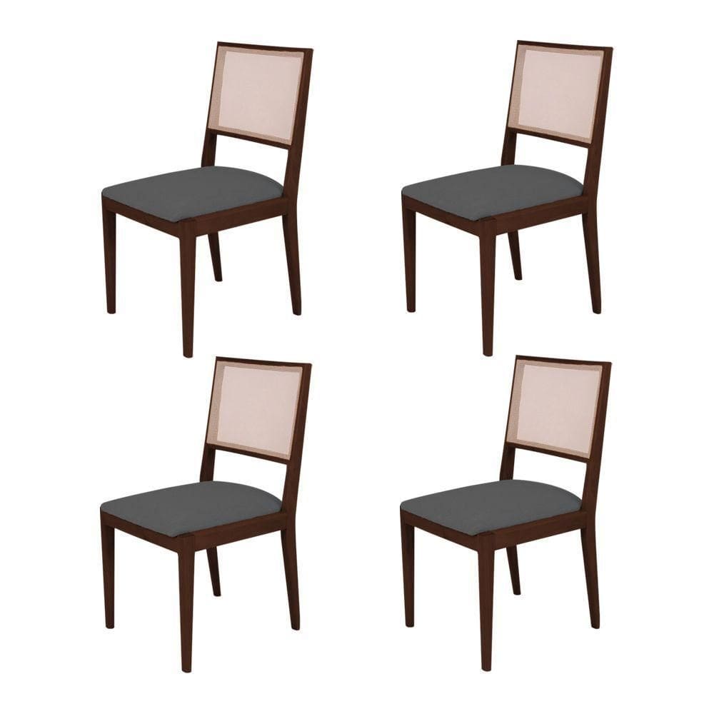 Kit 4 Cadeiras De Jantar Suellen Em Madeira E Mdf Castanho Linho Cinza Grafite