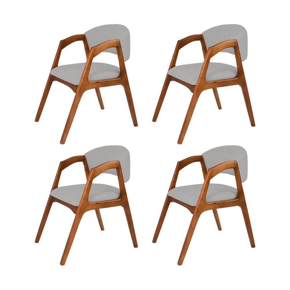 Conjunto Com 4 Cadeiras De Jantar Gabriela Em Madeira E Mdf Cerejeira Linho Cinza Prata