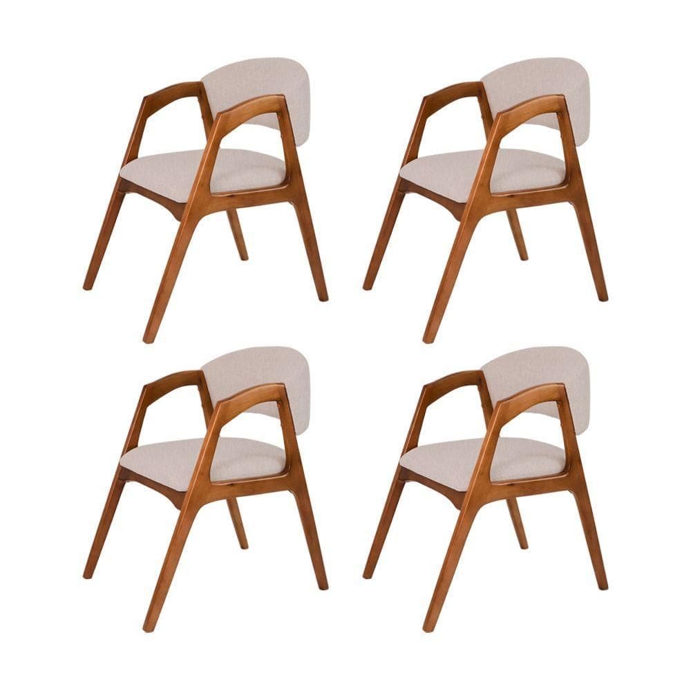 Conjunto Com 4 Cadeiras De Jantar Estofada Gabriela Em Madeira E Mdf Cerejeira Linho Bege