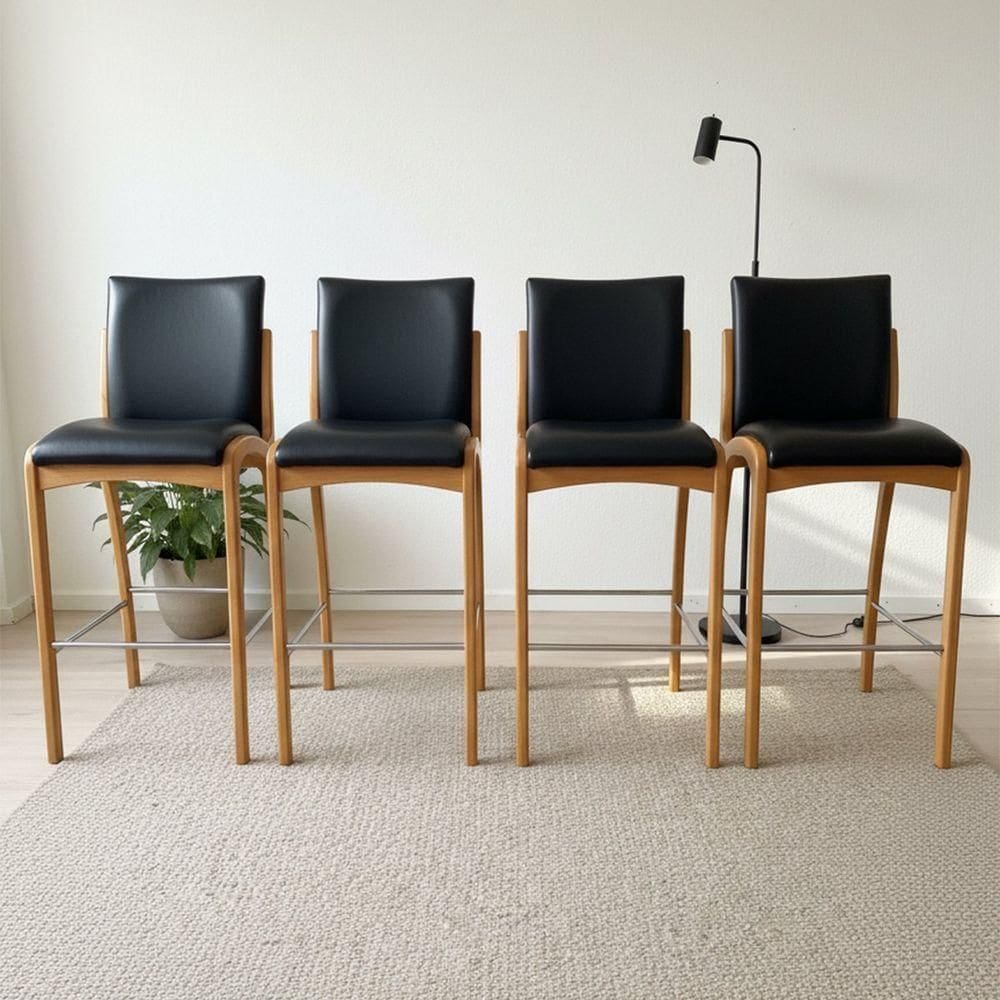 Kit 4 Banqueta Aura Alta Madeira Maciça E Courino Preto Design Moderno Conforto Com Apoio Para Pés Mobília Decor