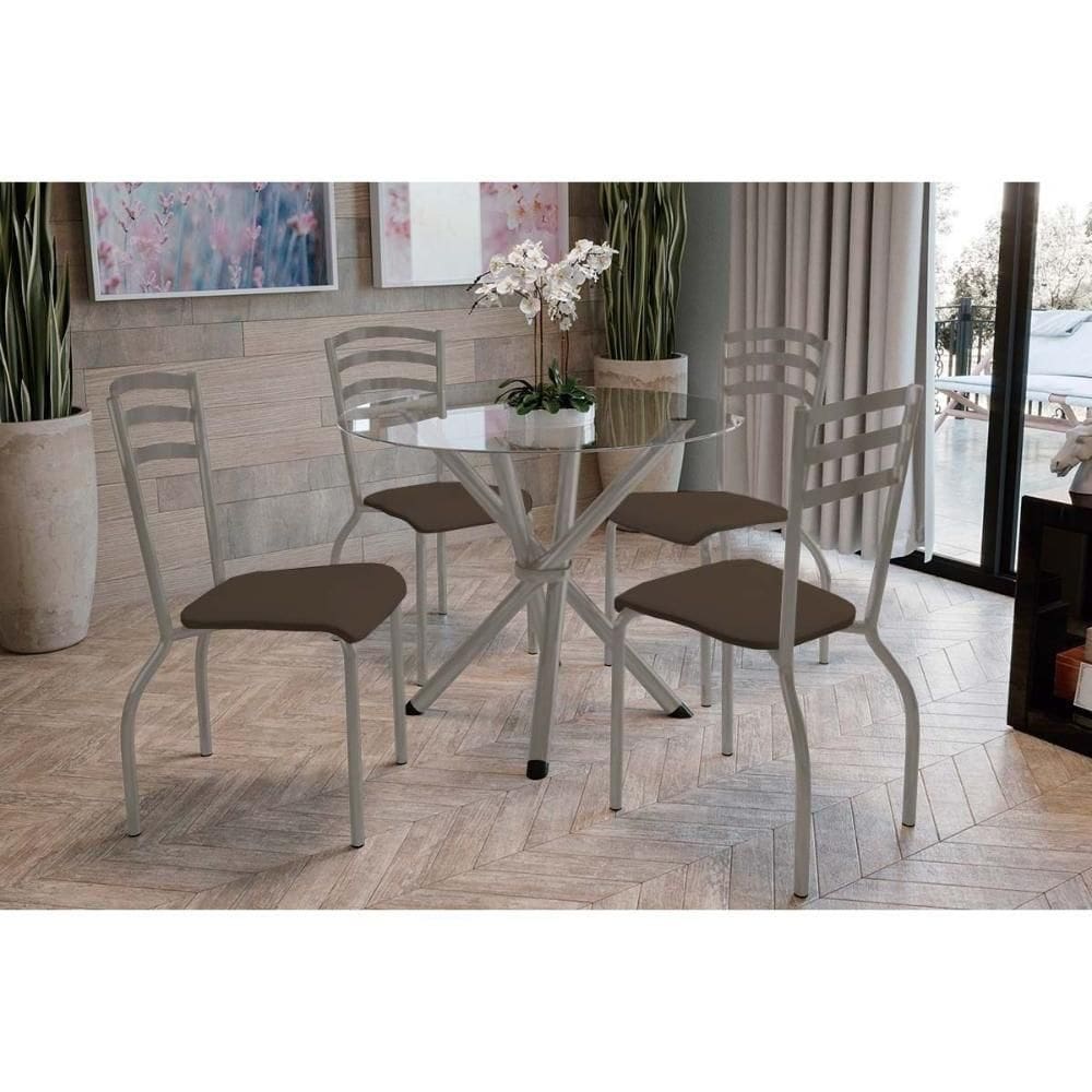 Conjunto: Mesa Sala Jantar Volga C- Tampo De Vidro 95cm E 4 Cadeiras Portugal Niquel - Courano Marrom - Kappesberg