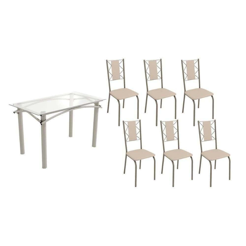 Conjunto: Mesa Sala Jantar Elba C- Tampo De Vidro 120cm E 6 Cadeiras Lisboa Niquel - Courano Bege - Kappesberg