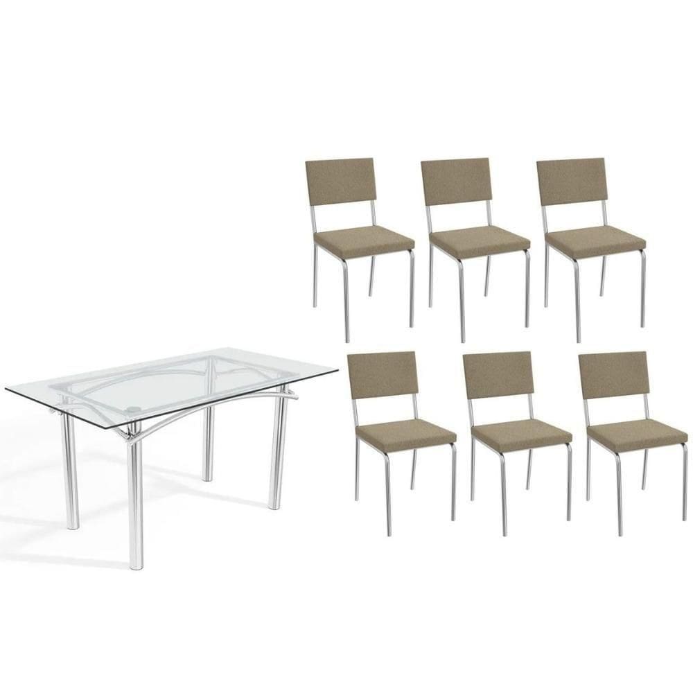 Conjunto: Mesa De Cozinha Elba C- Tampo De Vidro 150cm E 6 Cadeiras Zaria Cromada - Boucle Bege - Kappesberg