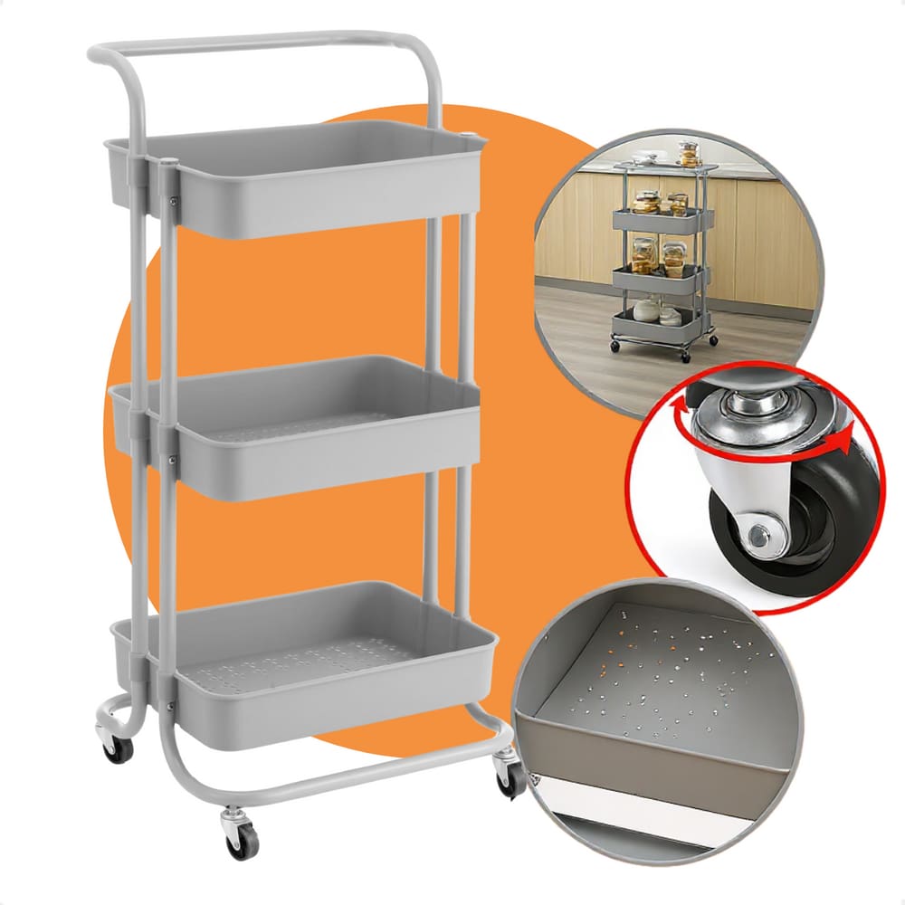 Carrinho Organizador Oikos Multiuso com 3 Prateleiras Cinza