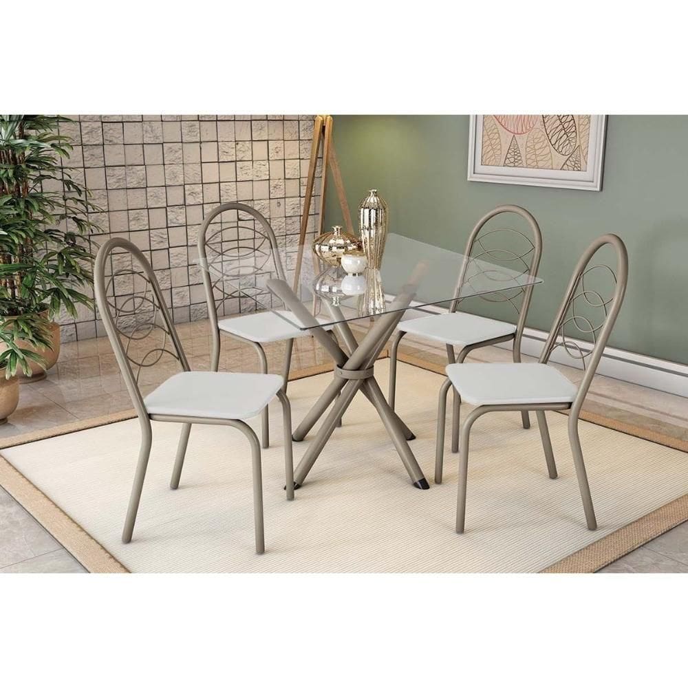 Conjunto: Mesa De Cozinha Volga C- Tampo De Vidro 90cm E 4 Cadeiras Holanda Niquel - Courano Branco - Kappesberg